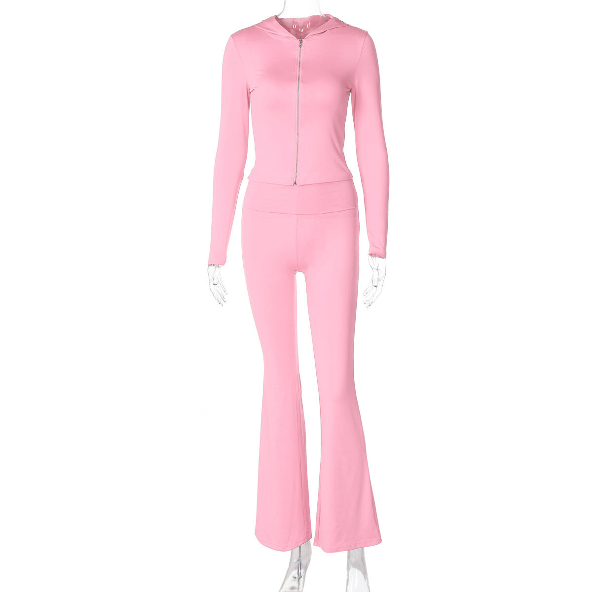 "European & American Autumn-Winter Zipper Long-Sleeved Hooded Top with Flared Pants – Fashionable Two-Piece Set for Women"