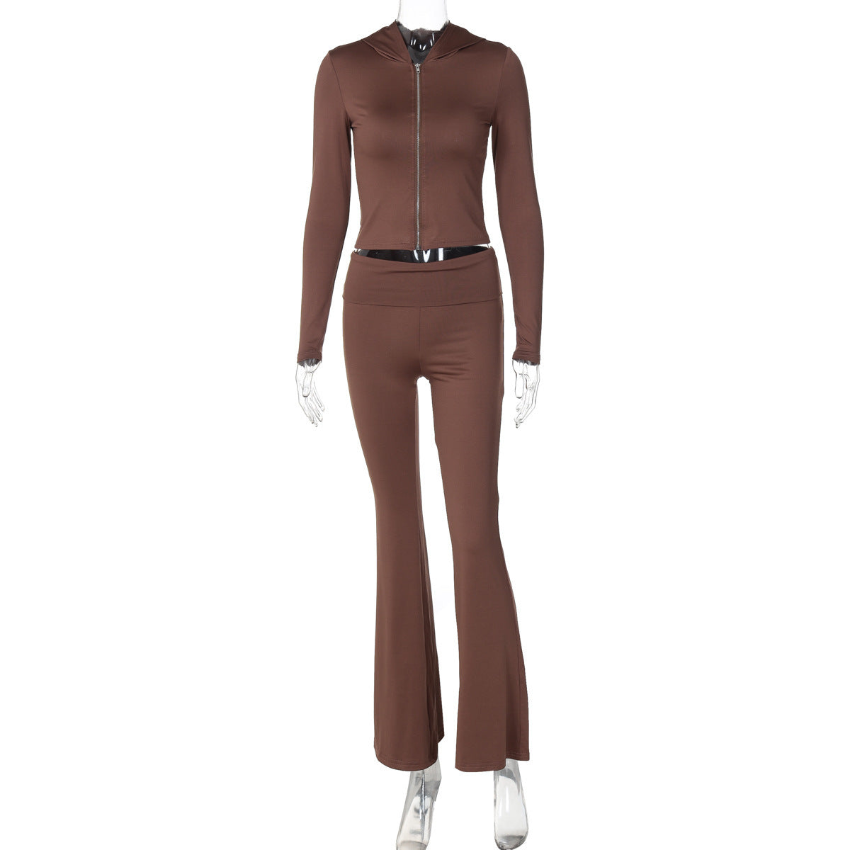 "European & American Autumn-Winter Zipper Long-Sleeved Hooded Top with Flared Pants – Fashionable Two-Piece Set for Women"