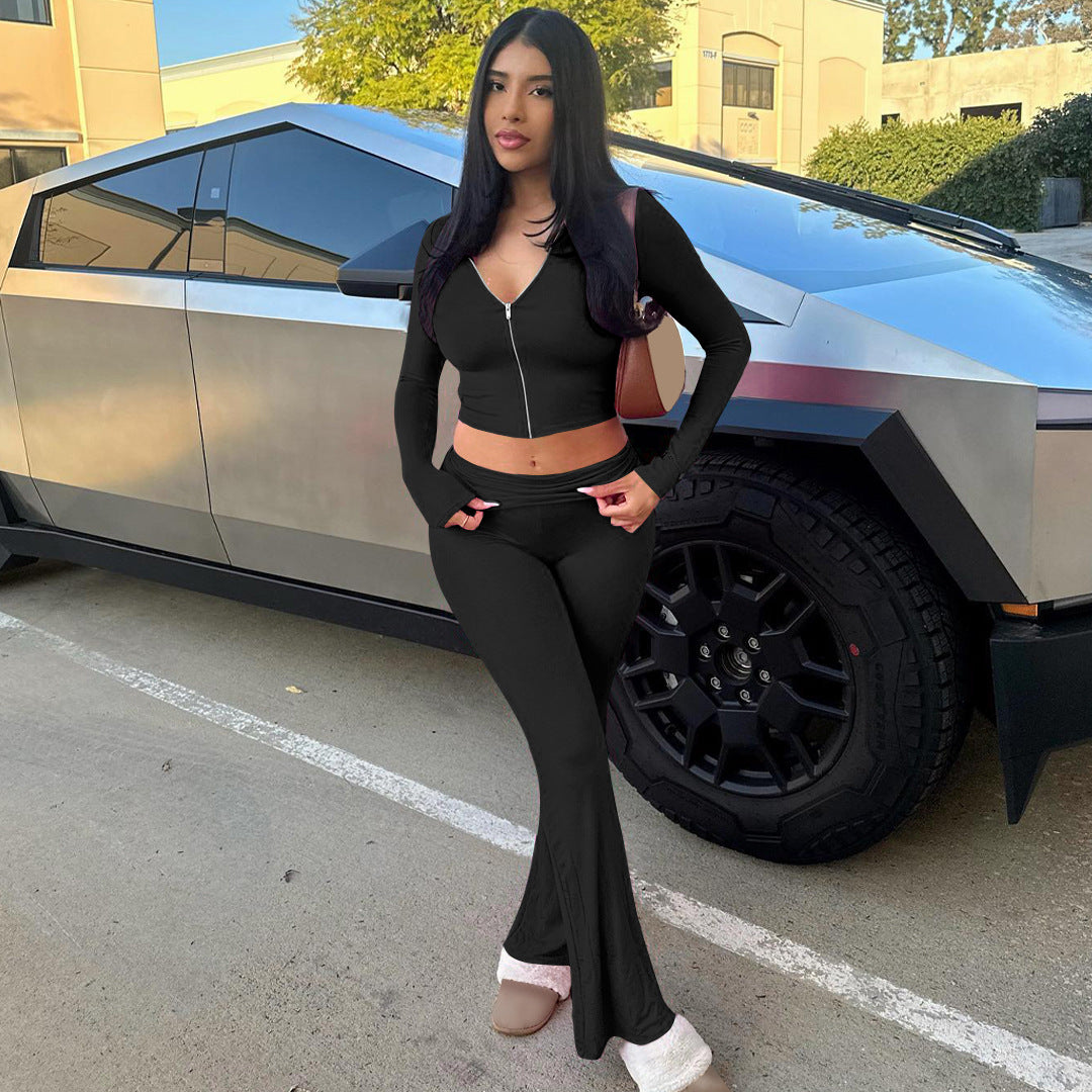 "European & American Autumn-Winter Zipper Long-Sleeved Hooded Top with Flared Pants – Fashionable Two-Piece Set for Women"