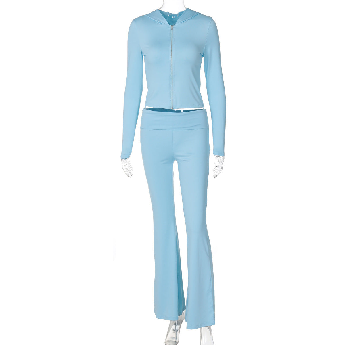 "European & American Autumn-Winter Zipper Long-Sleeved Hooded Top with Flared Pants – Fashionable Two-Piece Set for Women"