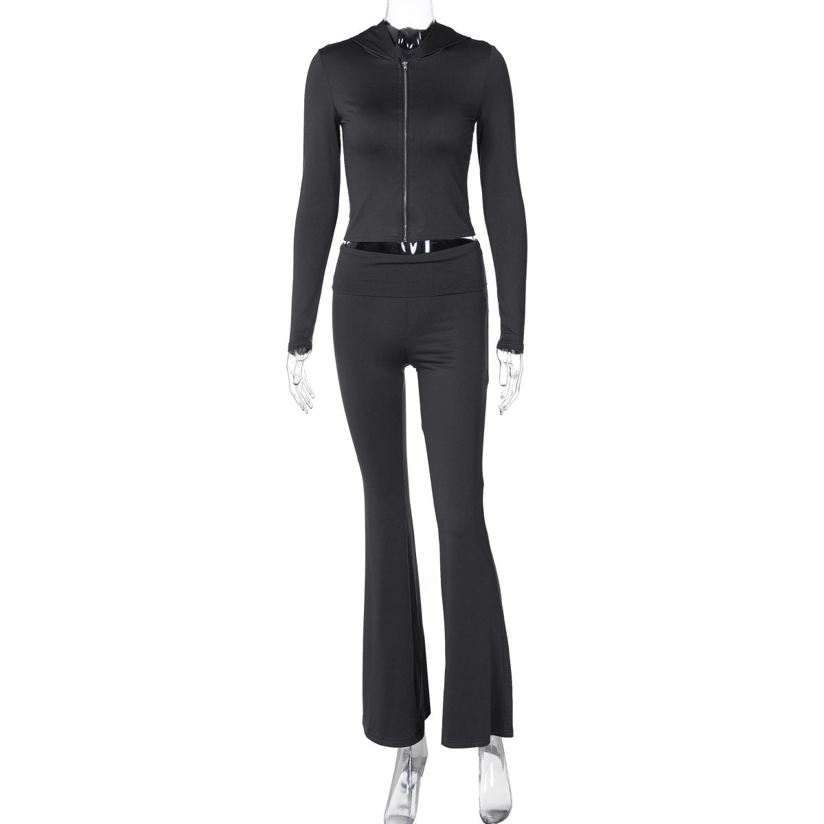 "European & American Autumn-Winter Zipper Long-Sleeved Hooded Top with Flared Pants – Fashionable Two-Piece Set for Women"