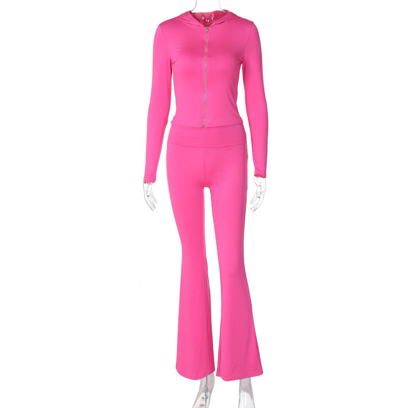 "European & American Autumn-Winter Zipper Long-Sleeved Hooded Top with Flared Pants – Fashionable Two-Piece Set for Women"