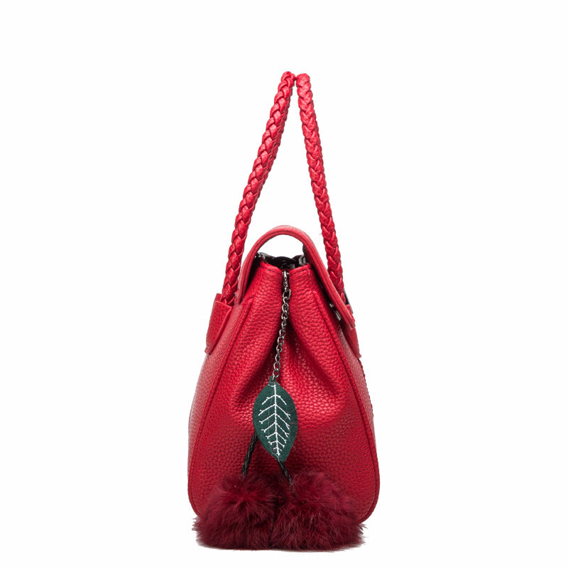 "Textured Grace – Lychee Pattern Leather Shoulder Handbag"