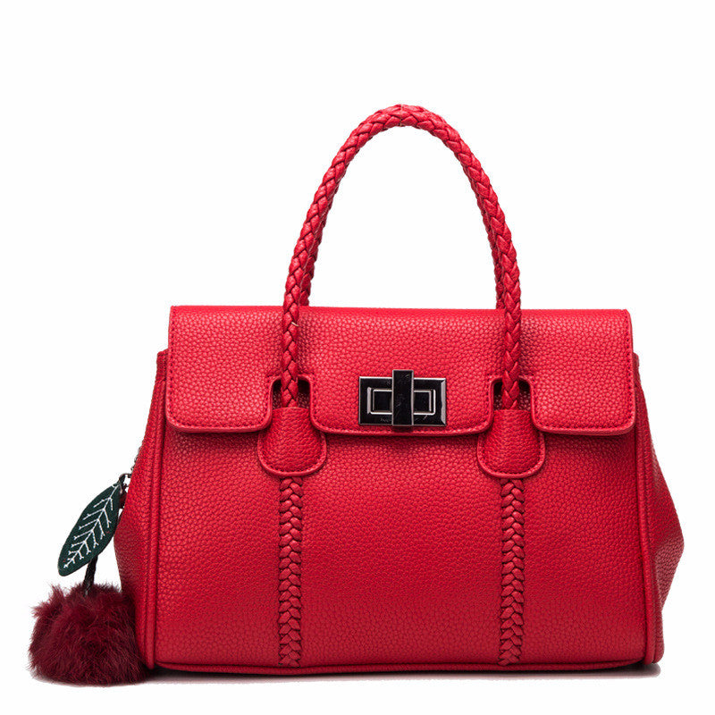 "Textured Grace – Lychee Pattern Leather Shoulder Handbag"