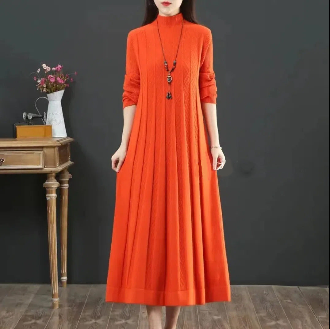 "Women's Loose Solid Color Sweater Pleated Dress – Casual Chic for Everyday Style"