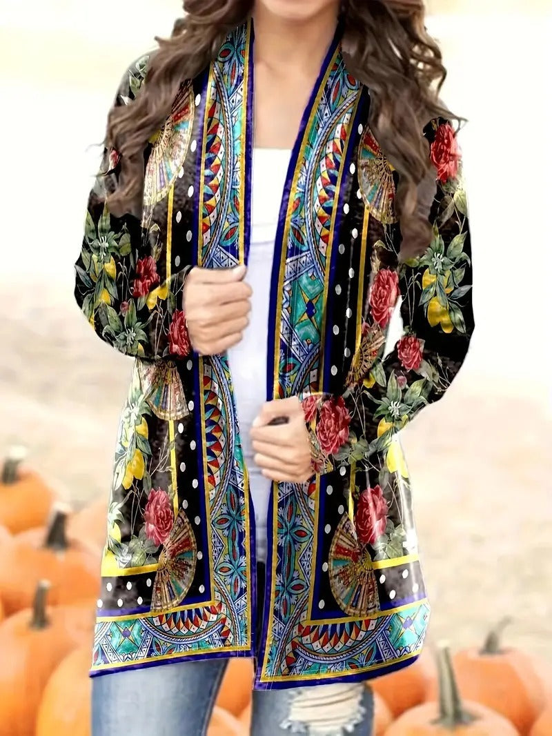 "Women's Loose Printed Ethnic Style Knitted Cardigan – Casual Boho-Inspired Jacket"