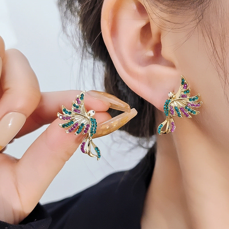 "Colorful Auspicious Bird Ear Studs – Women's Fashion Statement"