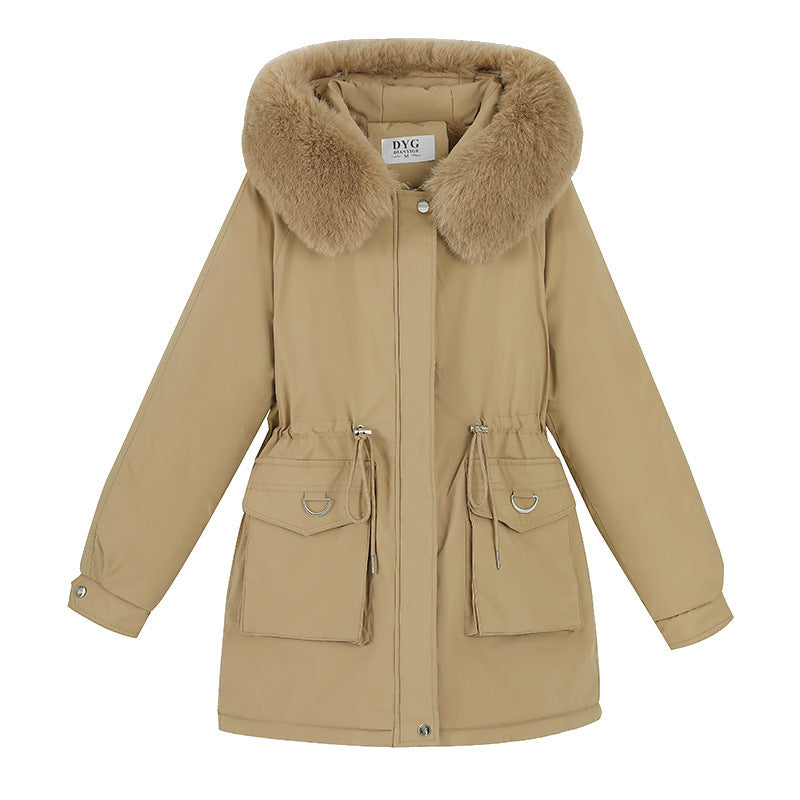 "Waist Slimming Elegant Parka Coat – Cotton-padded with Fur Collar and Velvet Lining"