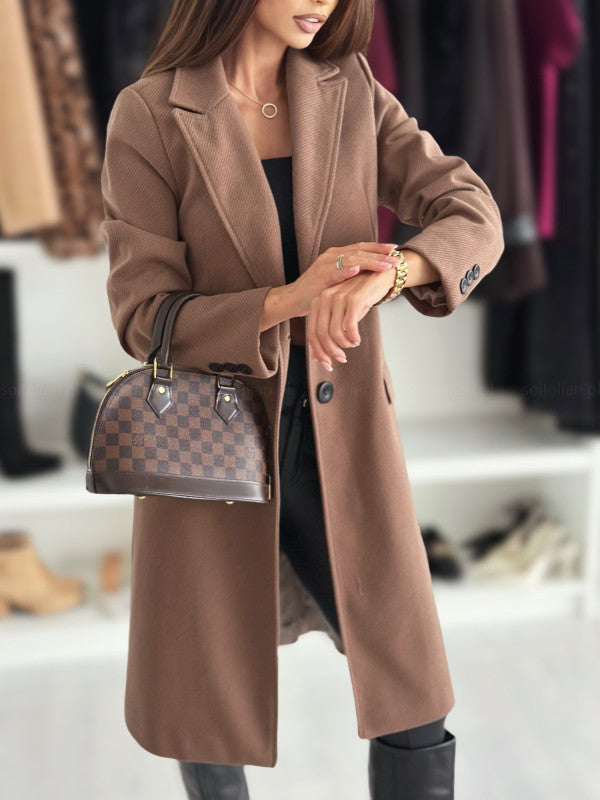 "Women's Lapel Single-Breasted Wool Coat – Winter Solid Color Long Jacket"