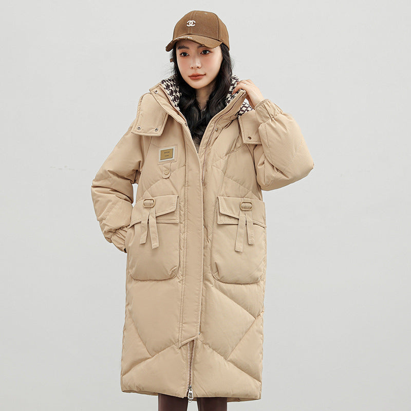 "Detachable Hat Cotton Coat – Over-the-Knee Padded Down Jacket for Winter"