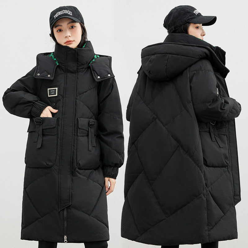 "Detachable Hat Cotton Coat – Over-the-Knee Padded Down Jacket for Winter"