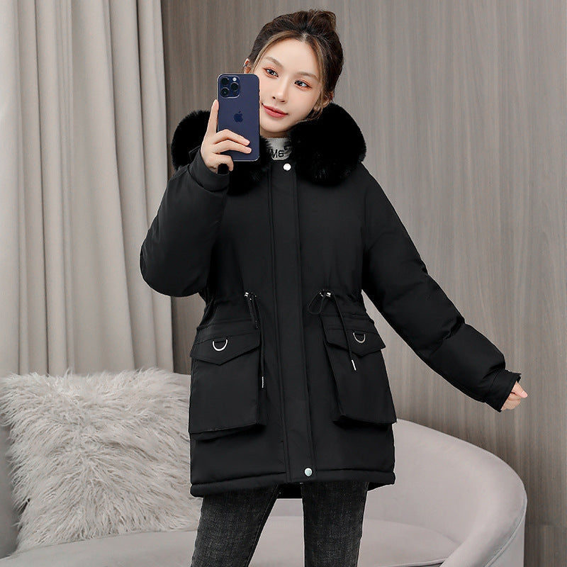 "Waist Slimming Elegant Parka Coat – Cotton-padded with Fur Collar and Velvet Lining"