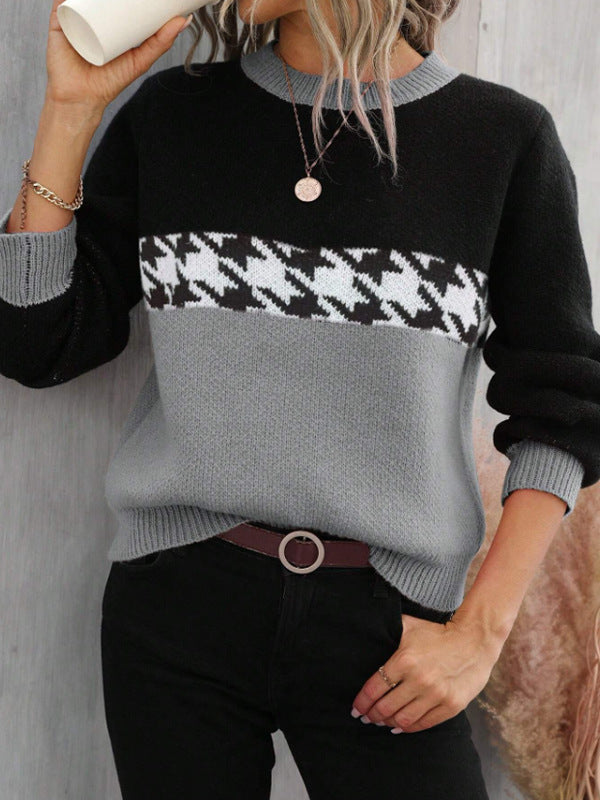 "Contrast Color Round Neck Pullover – Fashionable Geometric Pattern Knitted Sweater"