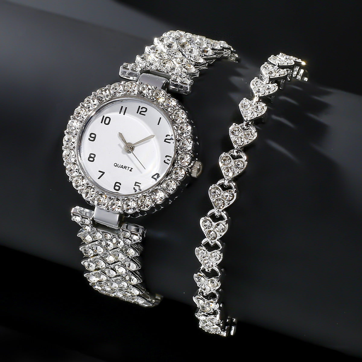 "Luxury 2-Piece Women’s Watch & Bracelet Set – Silver Strap Quartz Wristwatch with Alloy Bracelet"