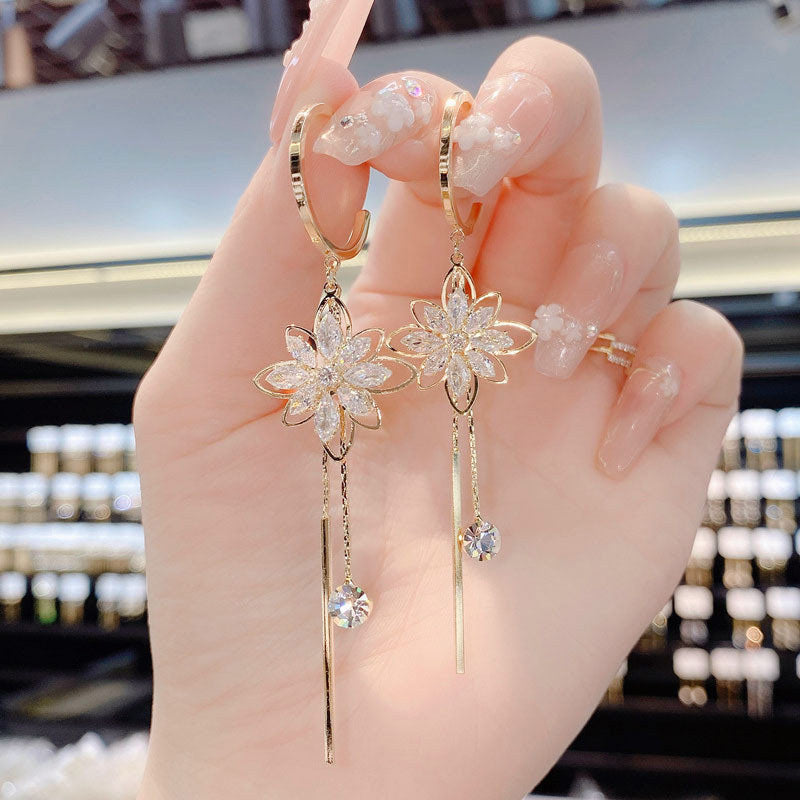 Stylish Flower Earrings Women's Tassel Crystal