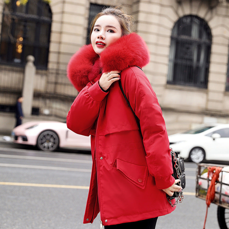 "New Fleece-Lined Mid-Length Coat – Big Fur Collar Thicken Cotton Outerwear for Ultimate Winter Warmth"