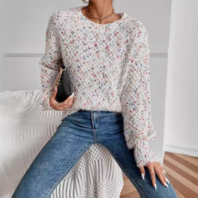 "Autumn and Winter Round Neck Pullover Long Sleeve Knitted Top – Cozy and Chic Cold-Weather Essential"