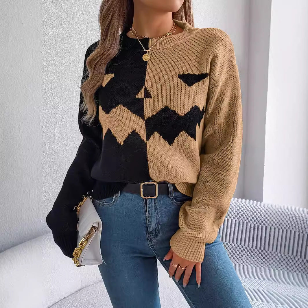 "Stylish and Cozy Halloween-Themed Contrast-Color Pullover Sweater – Long Sleeve Fashion Knitwear for Women’s Fall Collection"