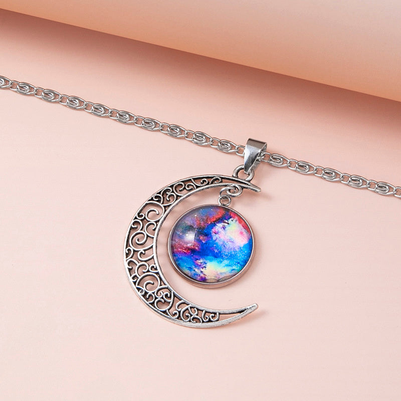 "Galaxy Planet Star Glass Necklace with Silver Hollow Moon Pendant – Cosmic Statement Jewelry for Women"