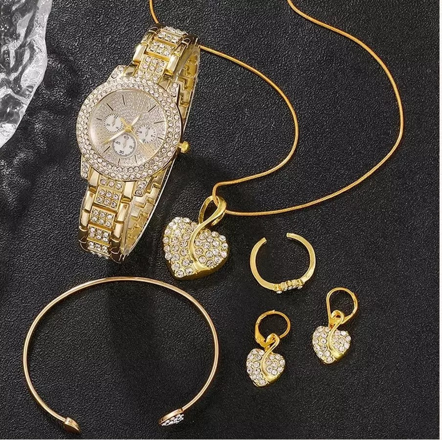 "Full Diamond Bracelet Watch Set – Elegant Women's Quartz Watch with Matching Bracelet, Necklace and Earrings"