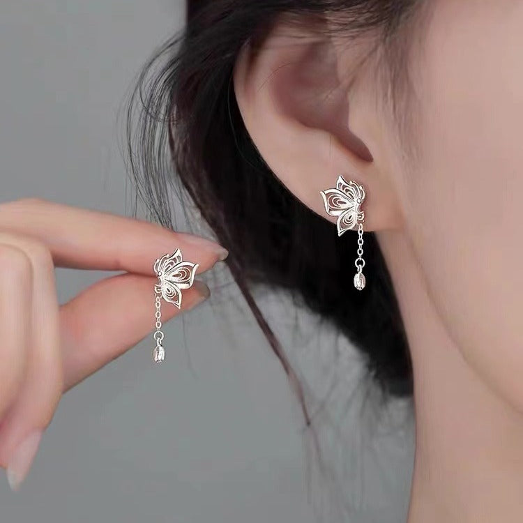 "Silver Pin Butterfly Tassel Earrings – Sweet & Elegant Studs for Women"