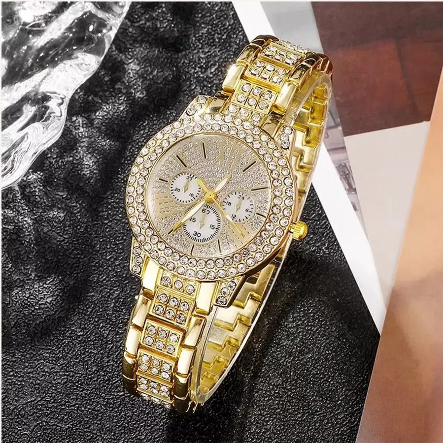 "Full Diamond Bracelet Watch Set – Elegant Women's Quartz Watch with Matching Bracelet, Necklace and Earrings"