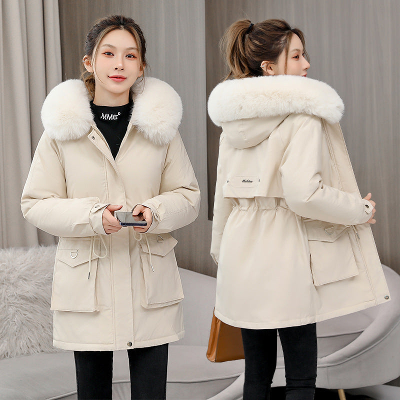 "Waist Slimming Elegant Parka Coat – Cotton-padded with Fur Collar and Velvet Lining"