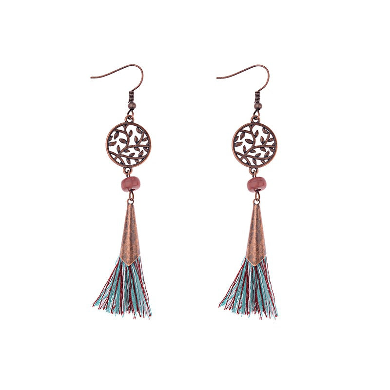 Literary Leaves Hollow Out Stitching Mixed Color Tassel Chinese Style Retro Ethnic Style Earrings