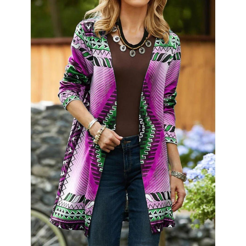 "Women's Loose Printed Ethnic Style Knitted Cardigan – Casual Boho-Inspired Jacket"