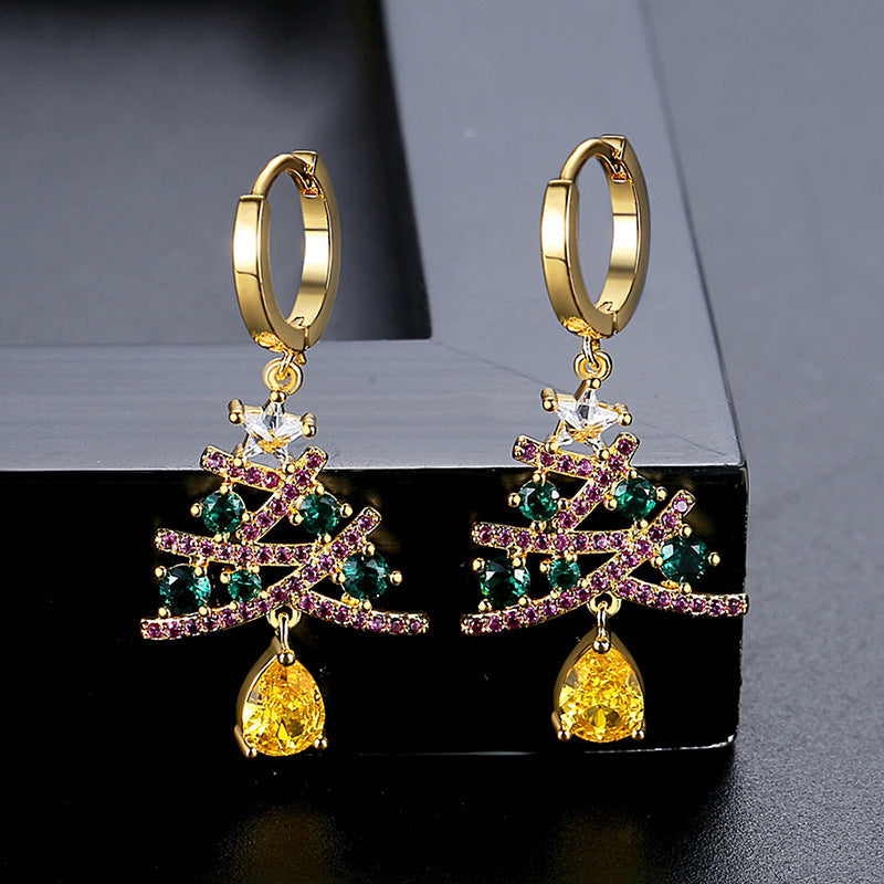 "Festive Christmas Tree Earrings with Colorful Rhinestones – Shining Holiday Jewelry for Women"