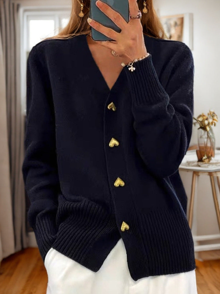 "Autumn & Winter Solid Color Long Sleeve V-Neck Knitted Cardigan"