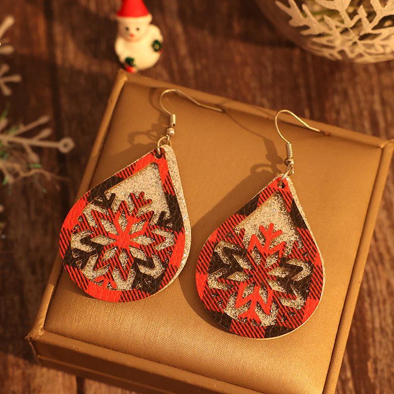 "Double-Layer Silver Red Black Plaid Hollow Snowflake Leather Earrings – Festive & Fashionable Statement Jewelry"