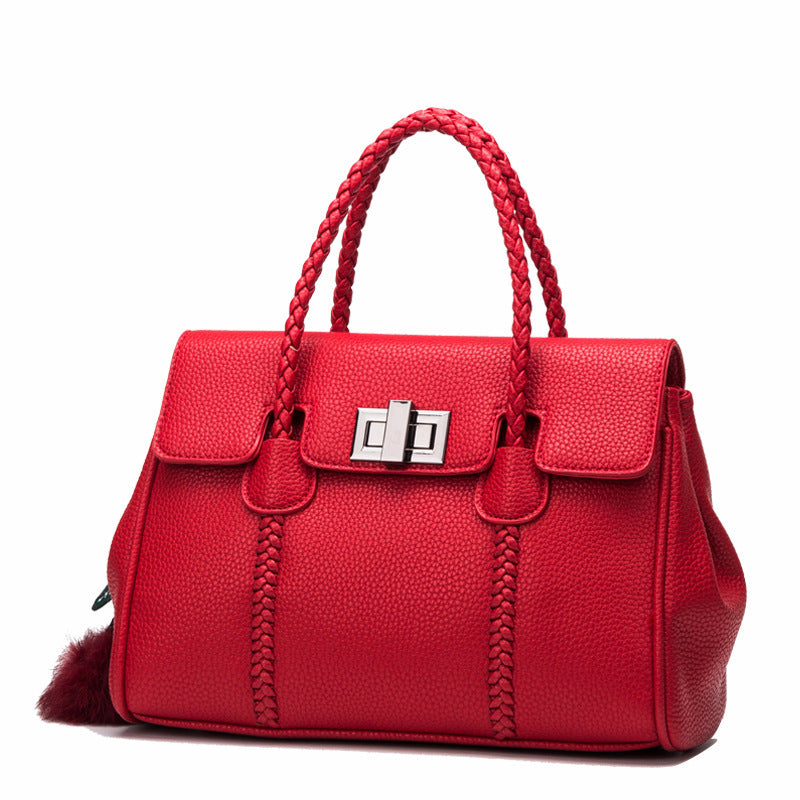 "Textured Grace – Lychee Pattern Leather Shoulder  Handbag"