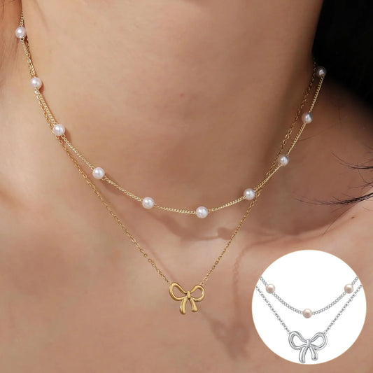 "Simple Pearl Double Layer Choker Fashion Gold Color Necklaces Chain Small Bow Pendant Necklace Jewelry Gifts For Women Fashion Jewelry Valentine's Day Gifts"