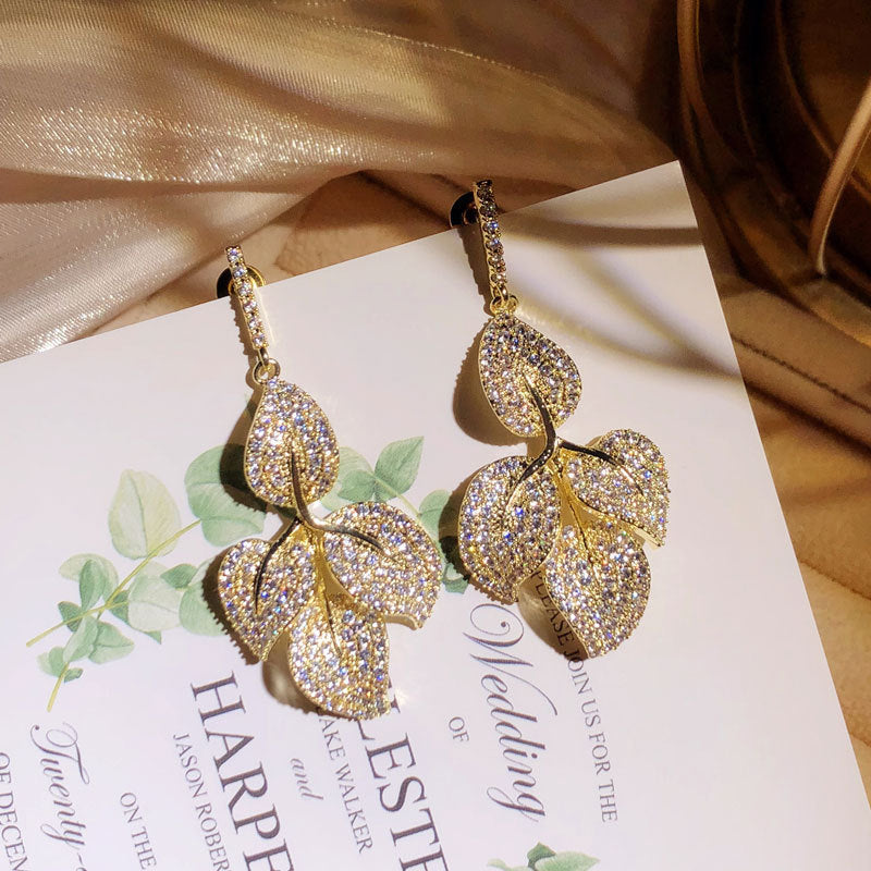 Light Luxury Retro Zircon Micro-Inlaid Heavy Leaf Earrings Female Silver Needle Gold Leaf Earrings