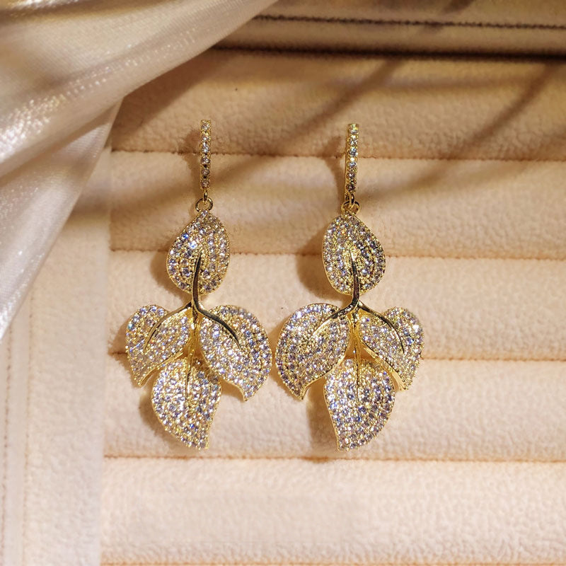 Light Luxury Retro Zircon Micro-Inlaid Heavy Leaf Earrings Female Silver Needle Gold Leaf Earrings