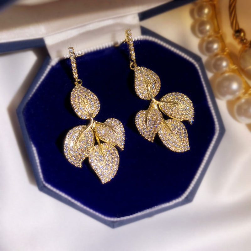 Light Luxury Retro Zircon Micro-Inlaid Heavy Leaf Earrings Female Silver Needle Gold Leaf Earrings