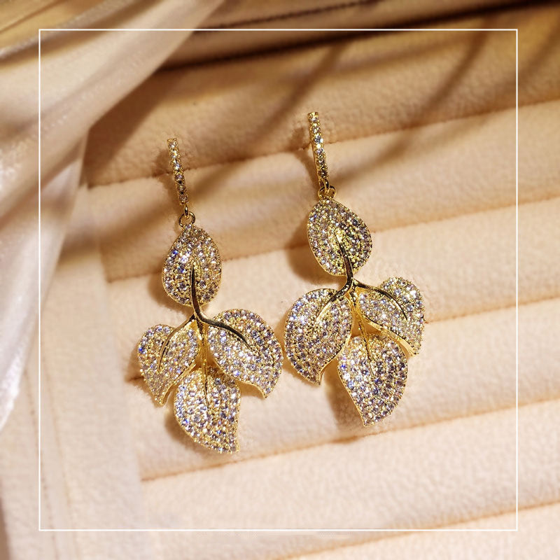 Light Luxury Retro Zircon Micro-Inlaid Heavy Leaf Earrings Female Silver Needle Gold Leaf Earrings