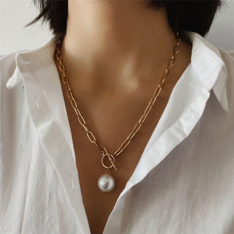 Quality Punk Simulated Pearl Pendant Necklaces for Women Shine Link Chain Layer Necklace Lasso Lariat Curb Cuban Jewelry