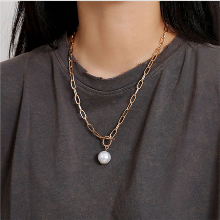 Quality Punk Simulated Pearl Pendant Necklaces for Women Shine Link Chain Layer Necklace Lasso Lariat Curb Cuban Jewelry