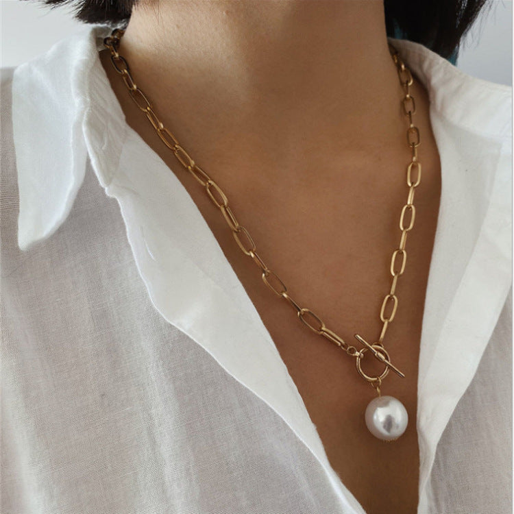 Quality Punk Simulated Pearl Pendant Necklaces for Women Shine Link Chain Layer Necklace Lasso Lariat Curb Cuban Jewelry