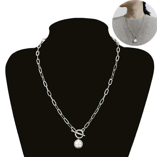 Quality Punk Simulated Pearl Pendant Necklaces for Women Shine Link Chain Layer Necklace Lasso Lariat Curb Cuban Jewelry