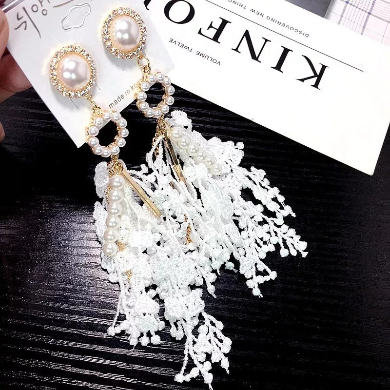 Personality Temperament Ladies Fringed Lace Flower Pearl Long Earrings For Women