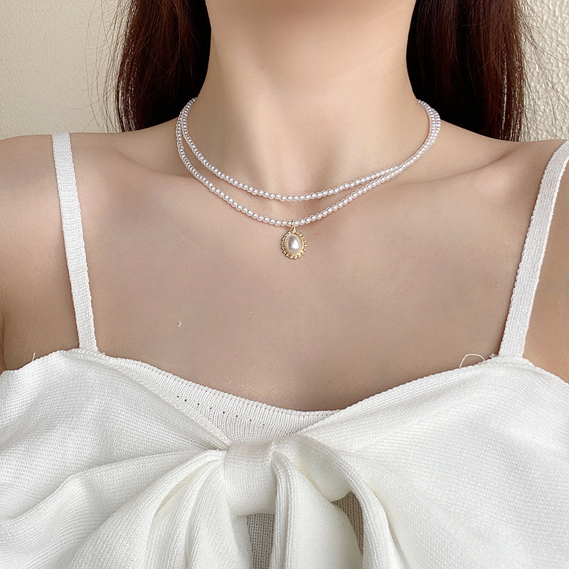 Europe And The United States Niche Design Double Necklaces Retro Pearl Clavicle Chain Net Red Fashion Fishtail Pendant Necklace Women