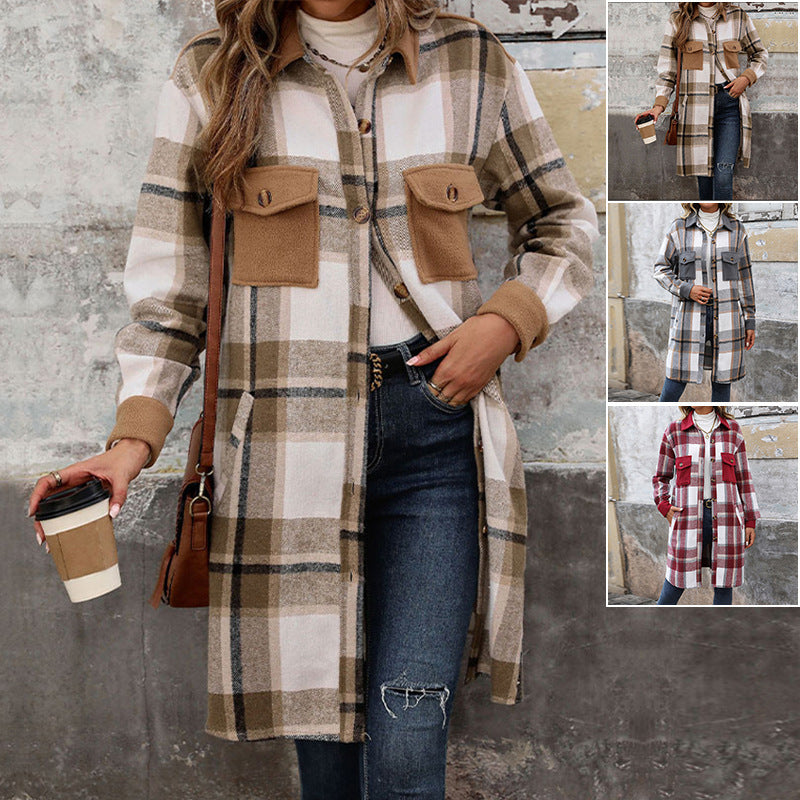 "New Brushed Plaid Long Coat with Pockets – Fashionable Winter Jacket for Women"