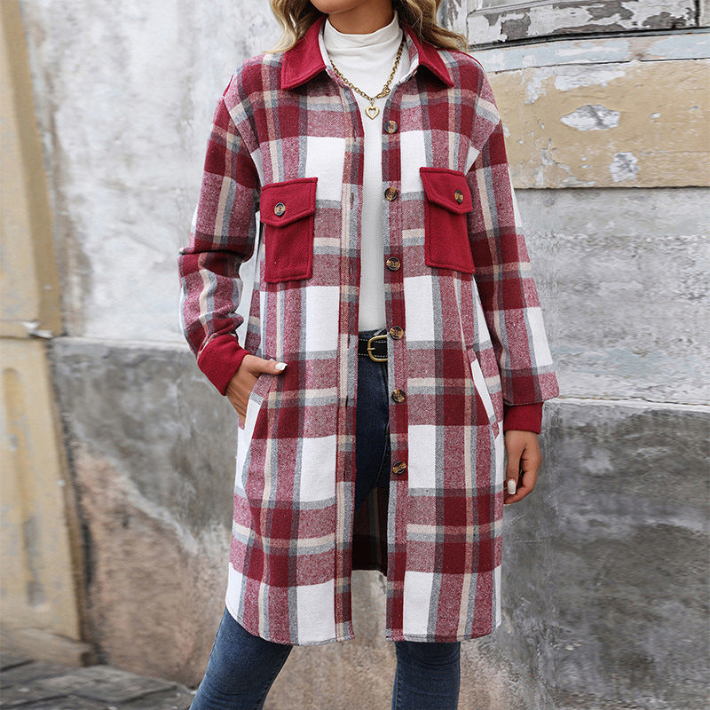 "New Brushed Plaid Long Coat with Pockets – Fashionable Winter Jacket for Women"