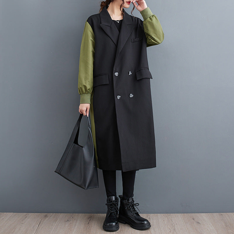 "Temperament Leisure Color Matching Double-layer Suit Collar Cardigan Trench Coat"