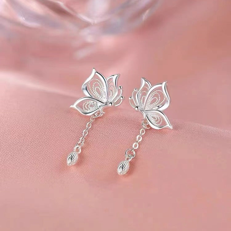 "Silver Pin Butterfly Tassel Earrings – Sweet & Elegant Studs for Women"