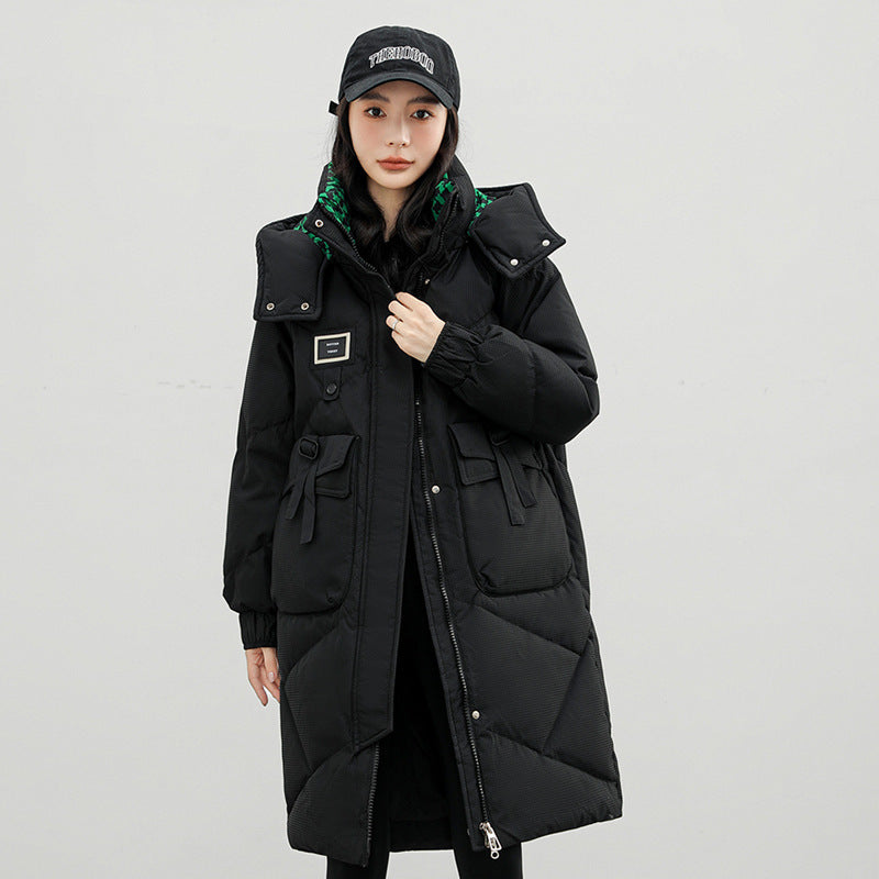 "Detachable Hat Cotton Coat – Over-the-Knee Padded Down Jacket for Winter"