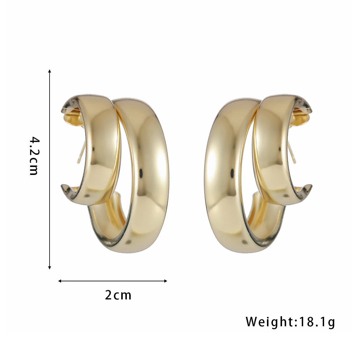 "Exaggerated Double Ring Glossy Metal C-Shaped Earrings – Bold and Modern Statement Jewelry"